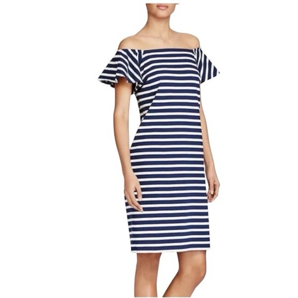LRL Lauren Ralph Lauren Varsteen Stripe Off Shoulder Cotton Jersey Dress Size L